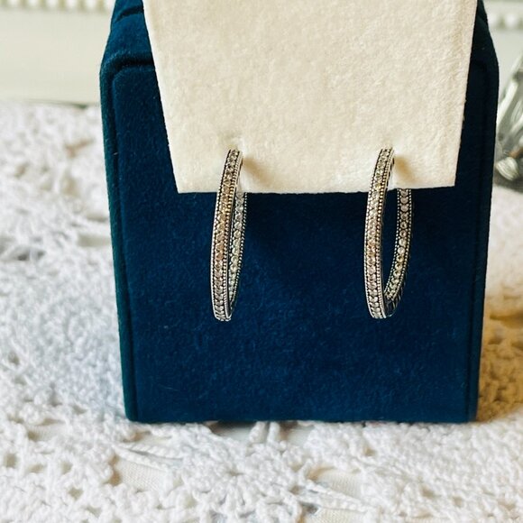 Pandora Large Pave Hoops Sterling Silver Sparkle and Hearts - Picture 9 of 10